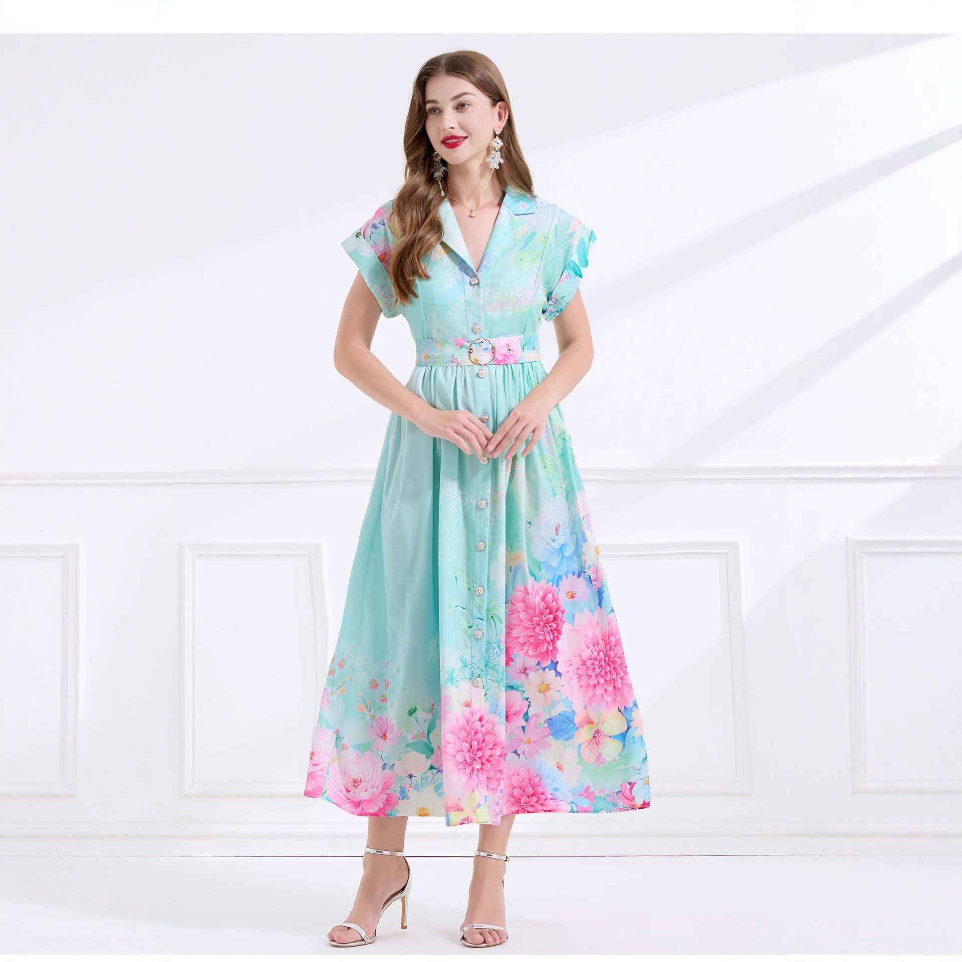 Sleeveless Printed Maxi Dress Elegant Design Suit Collar Flowy Hem Summer Fashion for Women Wholesale Available