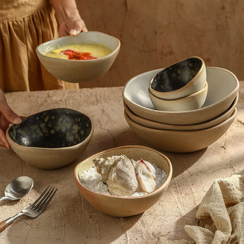 New Retro Ceramic Bowl Household Japanese Soup Bowl Underglaze Color Instant Noodle Bowl Ancient Pottery Imitation Stone Soup Bowl Wholesale
