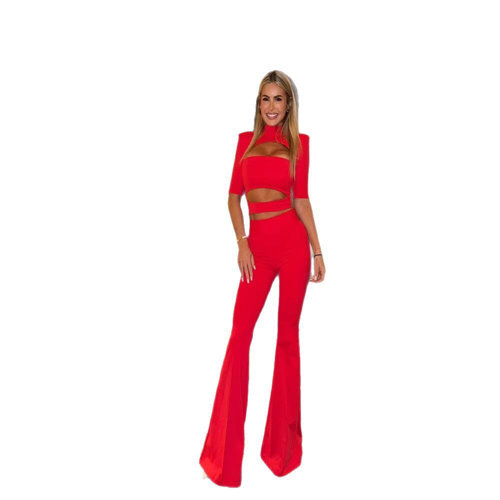 Chic Two Piece Set Solid Color Hollow Design Fitted Crop Top High Waisted Pants Fashionable for Casual Outings