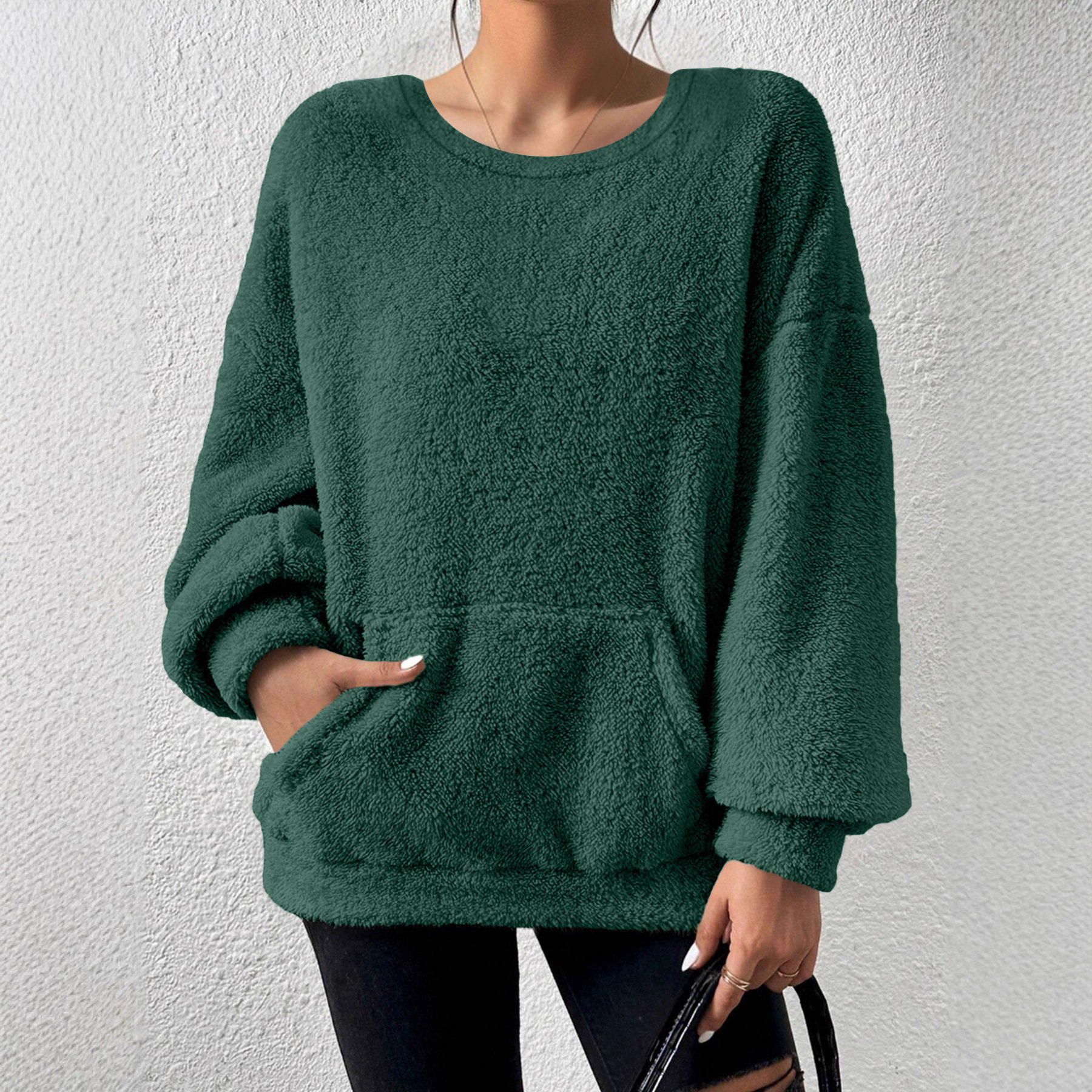 Casual Sweatshirt Solid Color Round Neck Long Sleeve Pocket Design Autumn Winter Fashion Wholesale Available