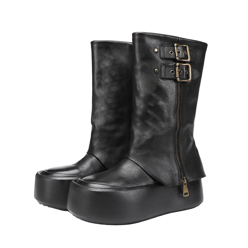 Boot nữ cổ cao da bò thật gót vừa tôn dáng — Màu đen, Màu nâu đậm