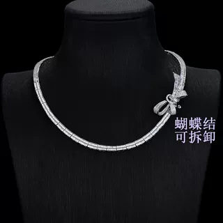 Luxury Elegant Sterling Silver Plated 18K White Gold Diamond Necklace Full Diamond Ladder Square Clavicle Chain Bow Evening Chain Necklace