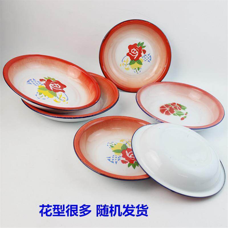 Factory Direct supply vintage round dish hot pot plate barbecue plate printable logo nostalgic enamel plate