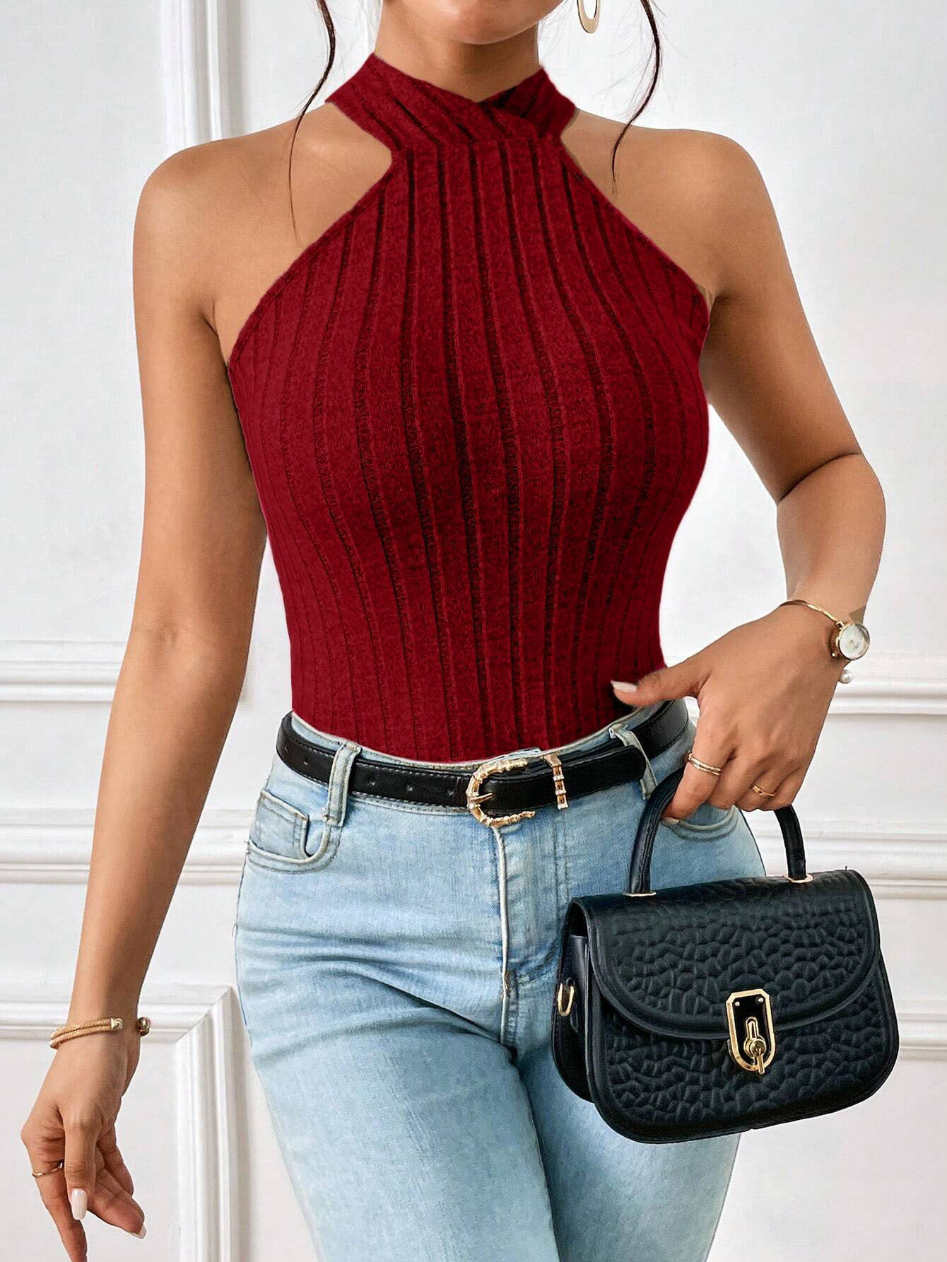 Fashionable Sleeveless Ribbed T Shirt Backless Halter Neck Bodycon Fit Summer Casual Wear Wholesale Available