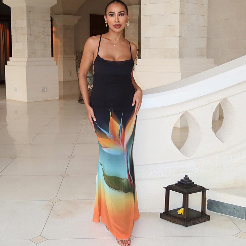 Elegant Abstract Print Maxi Dress Sexy Backless Mid Waist Bodycon Fit Perfect for Parties and Special Occasions