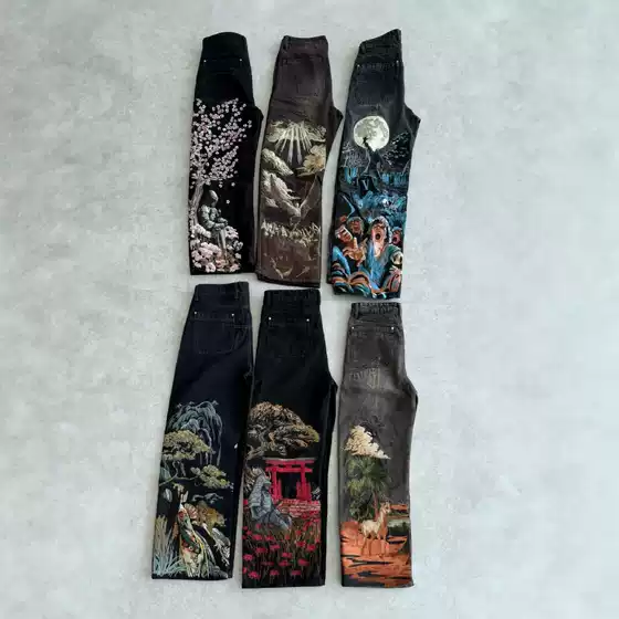 High-Quality European and American Vescartes Jeans, Cross-Border Vintage Heavy-Duty Embroidered Wide-Leg Cherry Blossom Jeans for Men and Women