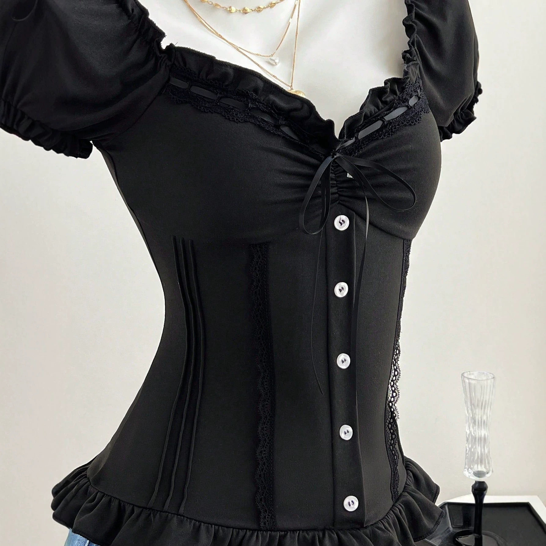 Summer Womens T Shirt Sweet Style Puff Sleeves Bow Tie Design Casual Wear Ready to Ship OEM ODM service