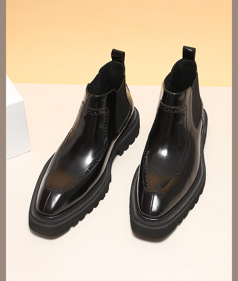 Boot Chelsea nam da bò thật mũi nhọn đế dày tăng chiều cao giữ ấm — Màu đen lót da, Màu nâu lót nhung, Màu nâu lót da