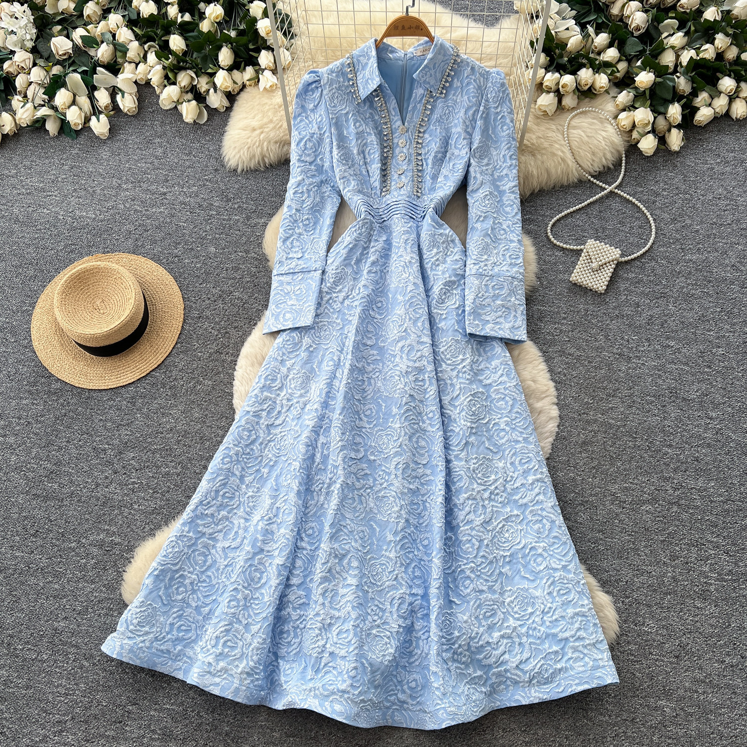 French Lace Long Sleeve Dress for Women Fitted Waist A Line Silhouette Elegant Evening Gown Autumn Collection