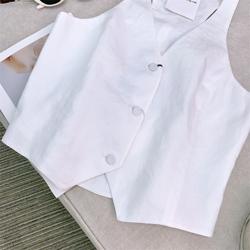 Áo vest nữ vải lanh phối quần, dáng gile không tay phong cách công sở — Ma mi-vest nguyên bản, Màu nâu thuốc lá-Áo vest, Vest trắng vải lanh, Gạo thô-Quần