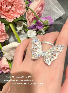 璀璨发光翅膀石戒指 镀18K金浪漫锆石满钻蝴蝶戒指开口可调节