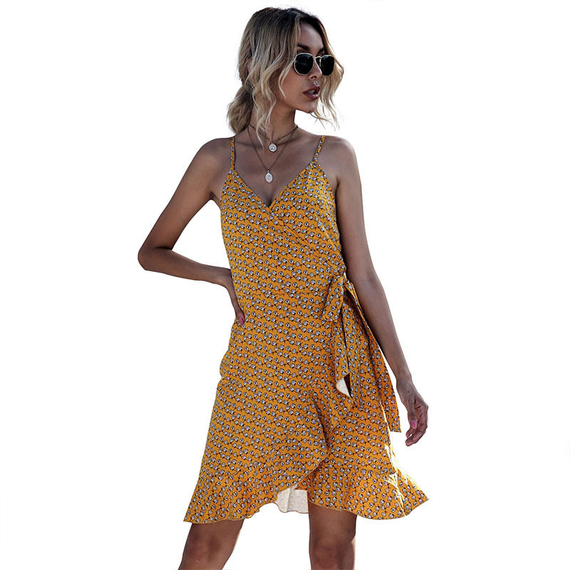 Floral Print Dress Asymmetrical Ruffle Hem Sleeveless Trendy Design Perfect for Summer Events Wholesale Available