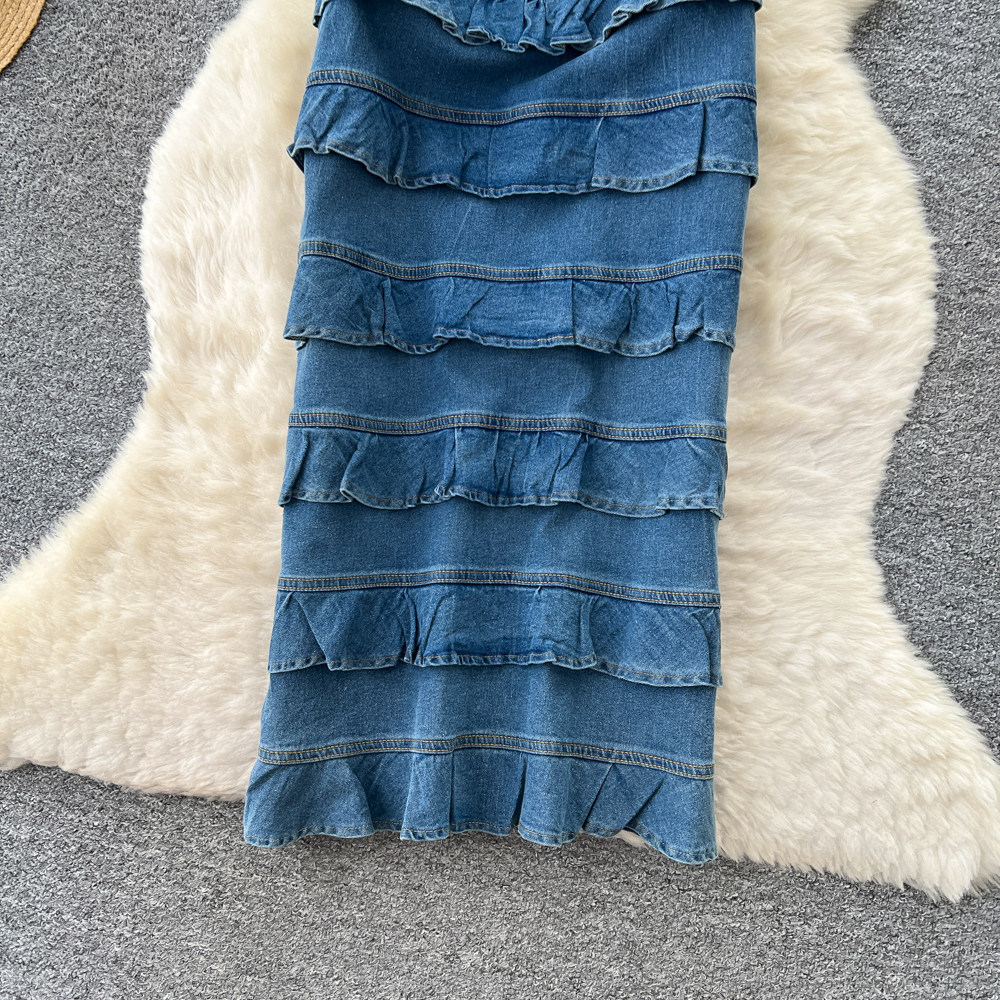 Blue Denim Ruffle Hem Cami Dress French Romantic Style Square Neck Slim Fit Summer Fashion for Women Wholesale