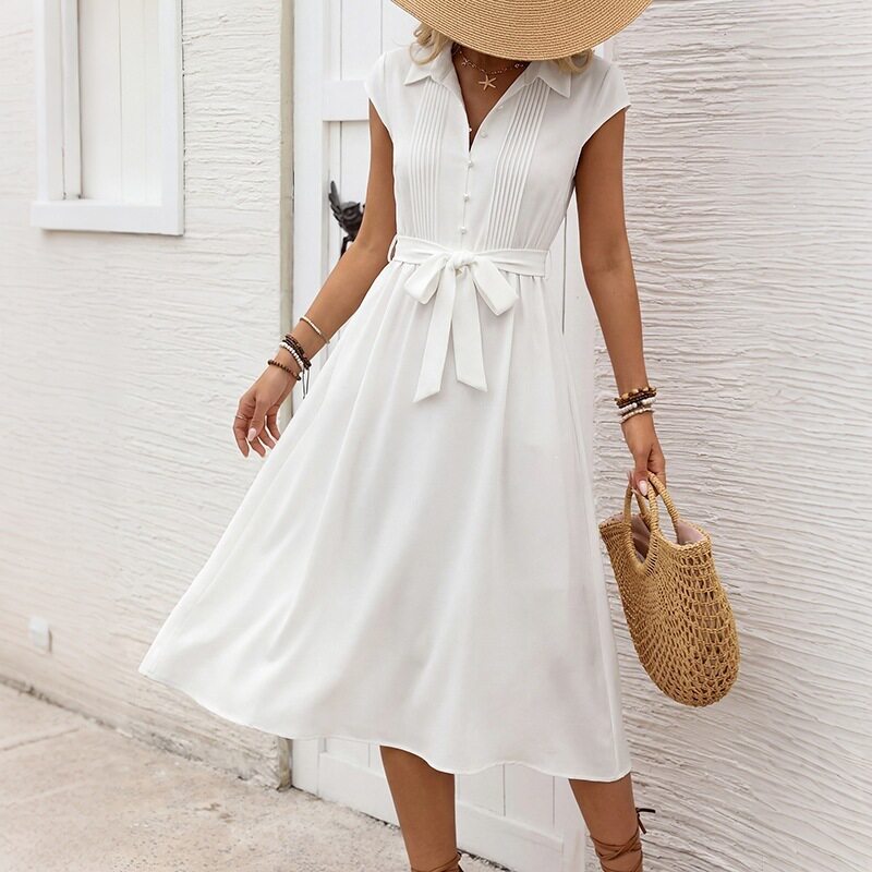 White Lapel Waist Tied Shirt Dress Minimalist Design Commuter Style Versatile Wear Wholesale Available