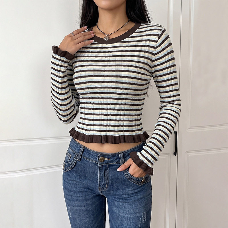 Retro Striped Short Sleeve Sweater Round Neck Flared Sleeves Casual Style Perfect for Spring and Fall Wholesale