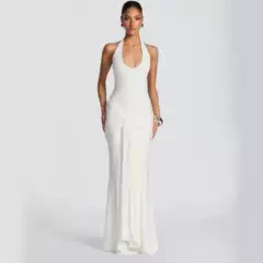 2025 Cross border Women's Clothing European and American Style New Float Belt Splicing Strap Long Skirt Slimming Bag Hip Hanging Neck Dress