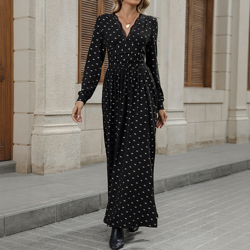 Elegant Vintage Lace V Neck Dress with Bow and Floral Print Womens Fashion Perfect for Parties and Special Occasions