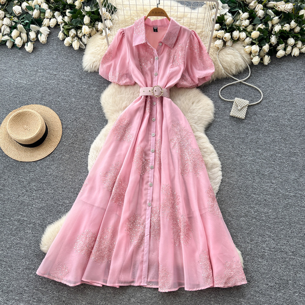 Pink Lantern Sleeve Mesh Dress Sequin Detail A Line Silhouette Waist Defined Elegant for Summer Wholesale Available