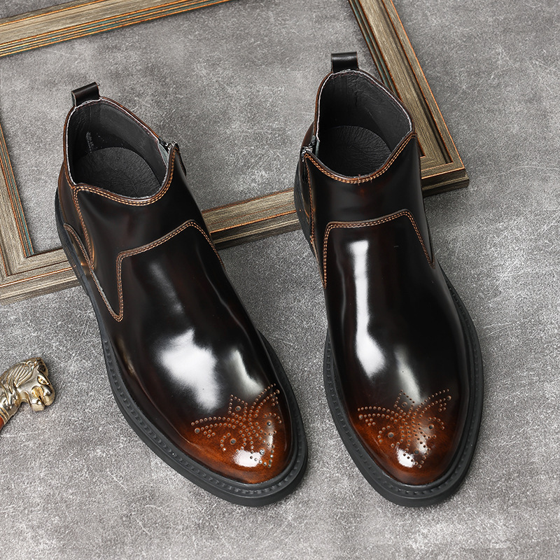 Boot nam cổ ngắn mũi tròn da bò bóng, họa tiết chạm khắc, khóa kéo bên, giữ ấm mùa đông — xanh sapphire, Màu đen, Màu đen lót nhung, Màu vàng nâu