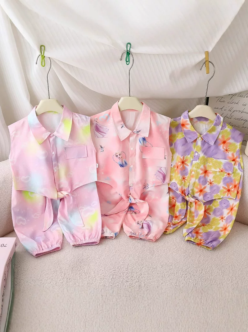 New Girls' Printed Cool Vest Set, Cute Pastoral Style Summer Cool Mosquito-Proof Pants Outfit