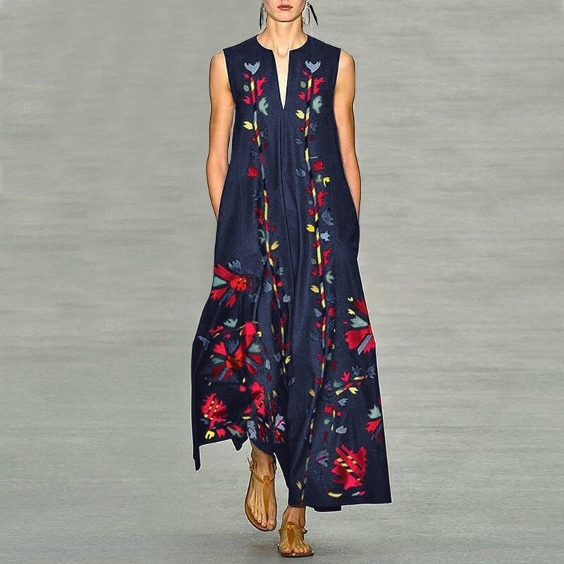Fashionable Deep V Neck Printed Maxi Dress Sleeveless Trendy Design Comfortable Fabric Perfect for Summer Events