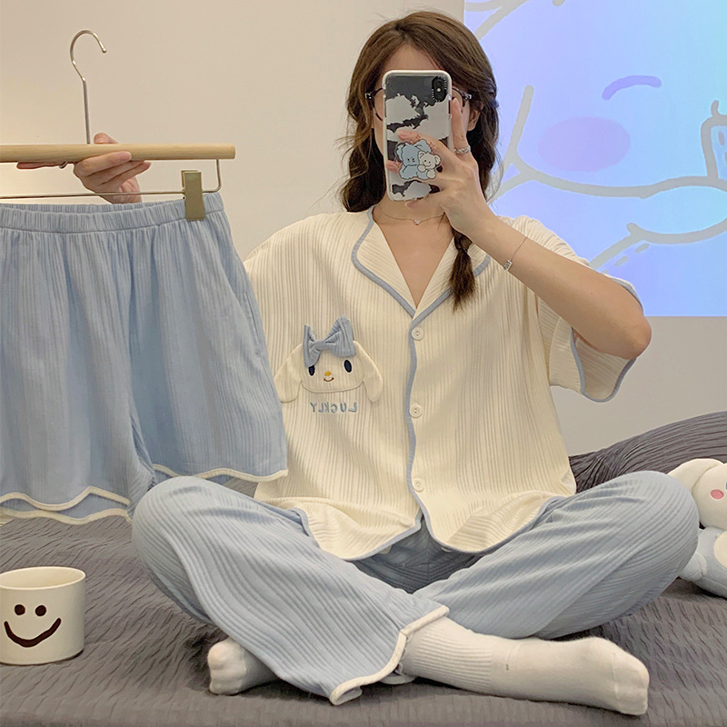 跨境睡衣女夏季短袖短裤玉桂狗刺绣蝴蝶结可爱少女宽松家居服套装