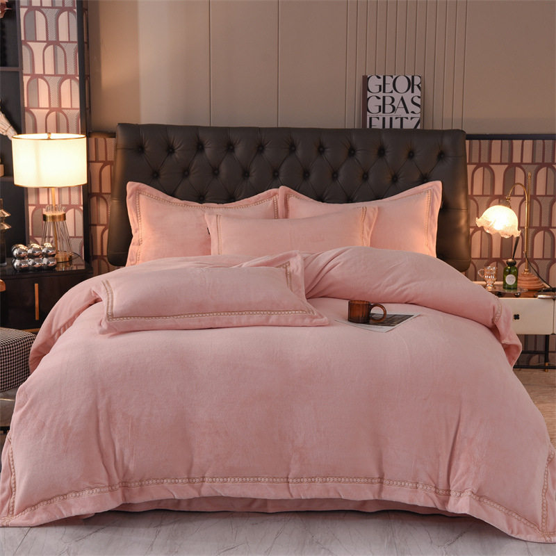 Winter A-Grade Maternal and Infant-Grade High-Precision Milk Velvet Four-Piece Set with High Weight Solid Color Embroidered Duvet Cover, Bed Sheet, and Fitted Sheet