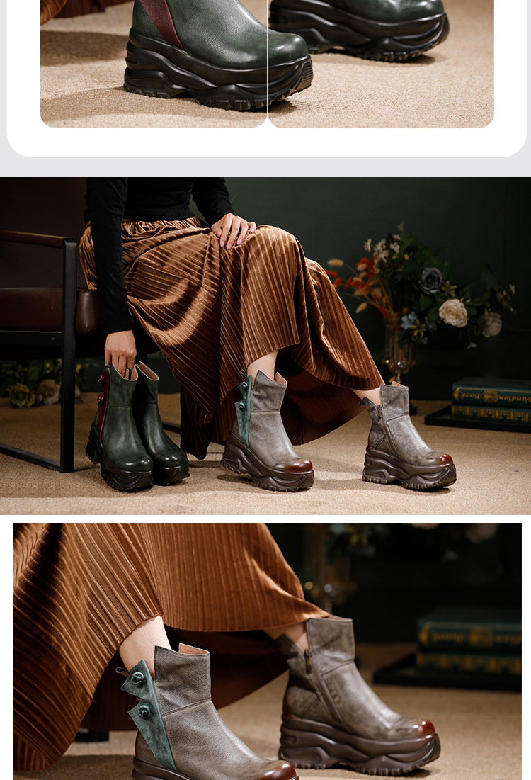 Boot nữ cổ thấp da bò thật đế dày tôn dáng thủ công — màu xám, xanh lá cây
