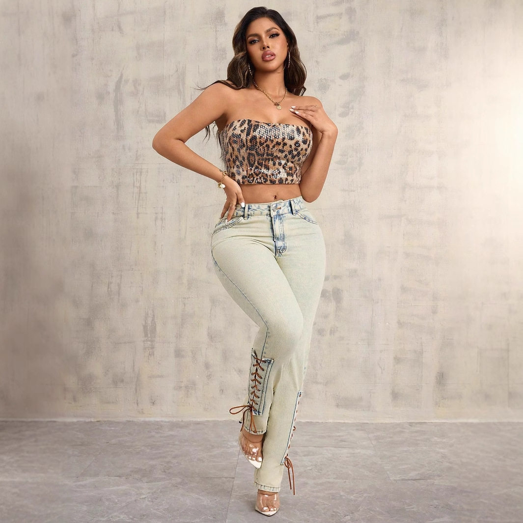 Loose Fit Wide Leg Denim Trousers Tie Decoration Straight Cut Casual Style Wholesale Available