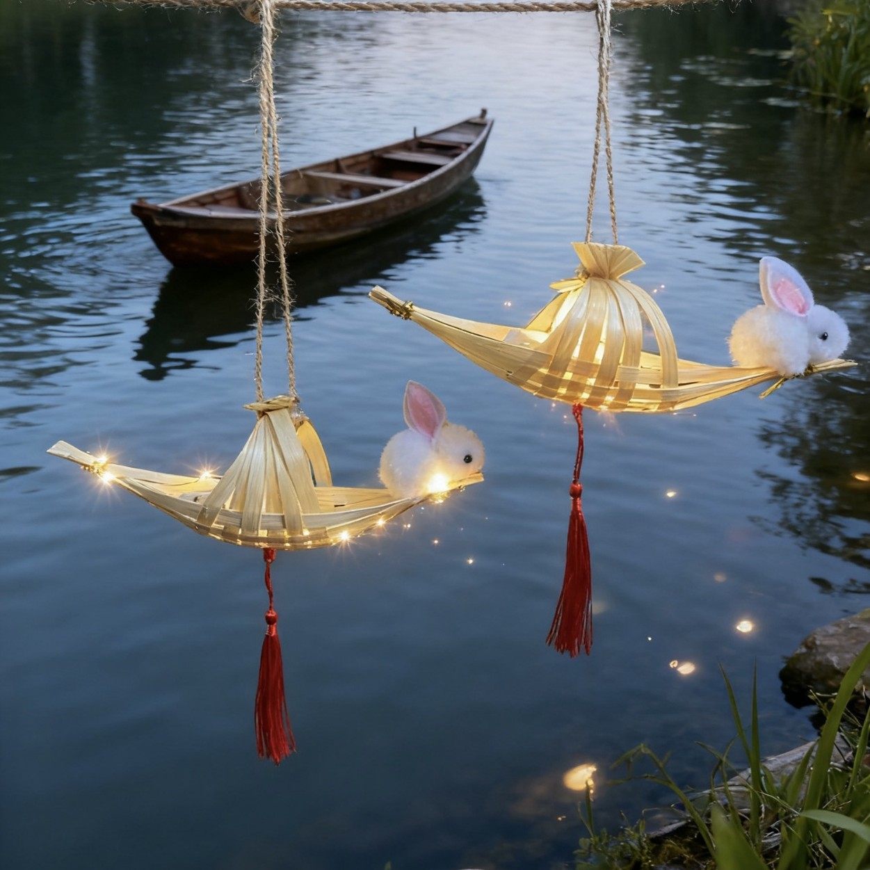 Bamboo Moon Boat Rabbit Lantern Mid-Autumn Festival Chinese Style Lantern Creative Ancient Style Lantern Portable Outdoor Holiday Pendant