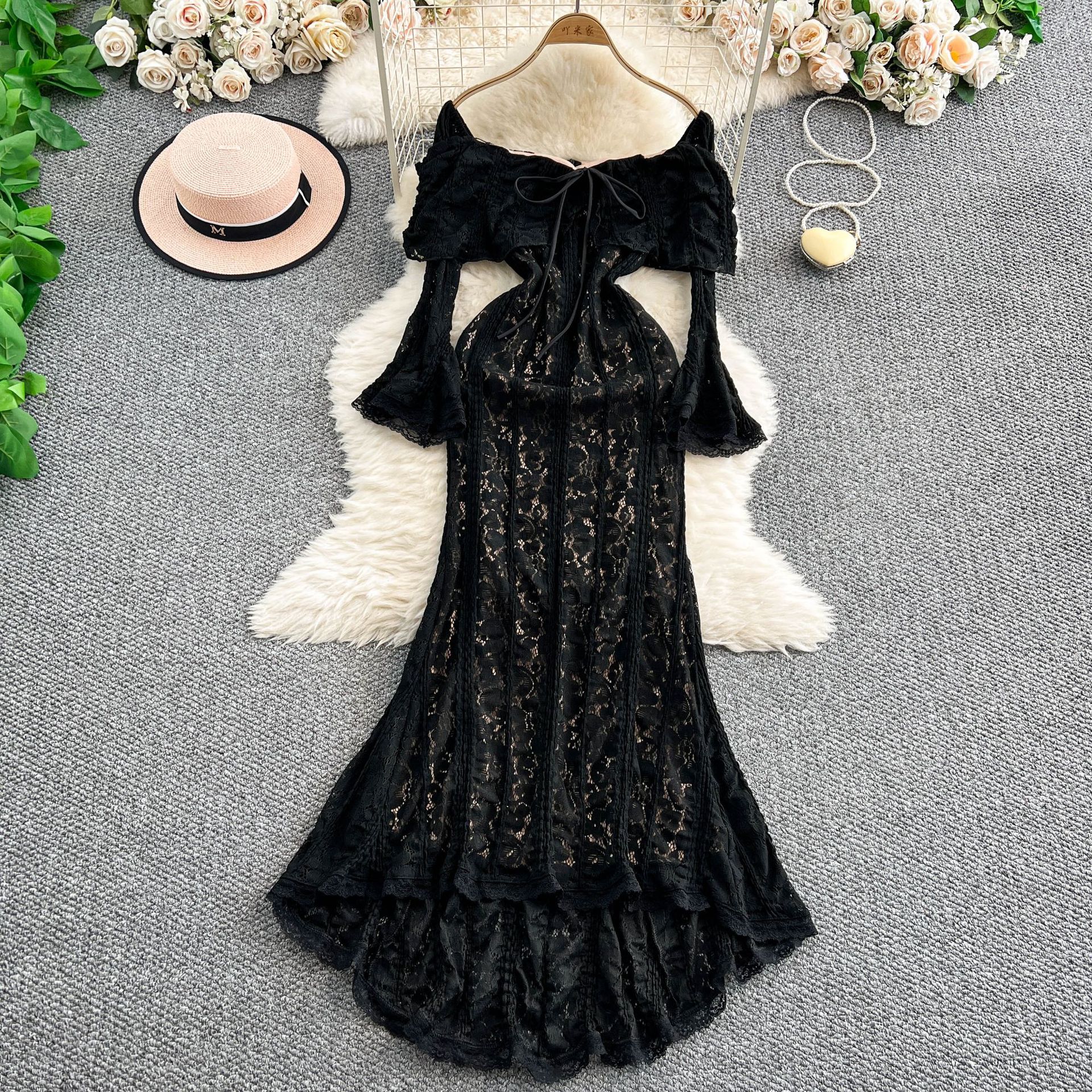 Off Shoulder Lace Hollow Out Dress Slim Fit Waist Cinching Elegant Style Perfect for Office and Special Occasions