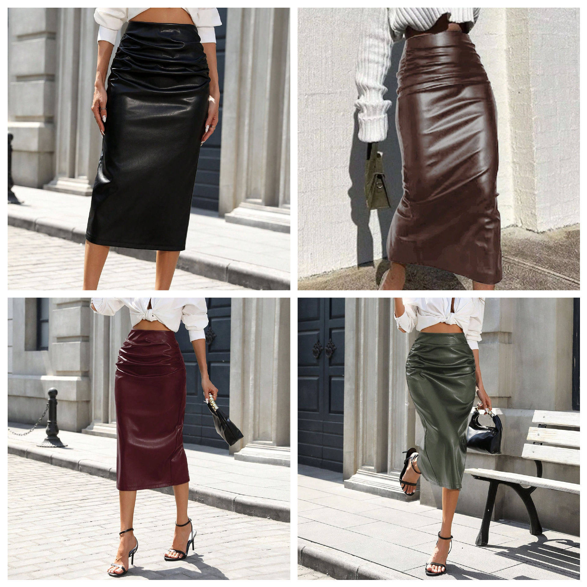 PU Bodycon Skirt High Slit Ruched Design Elegant Style Perfect for Parties and Night Out Ready to Ship