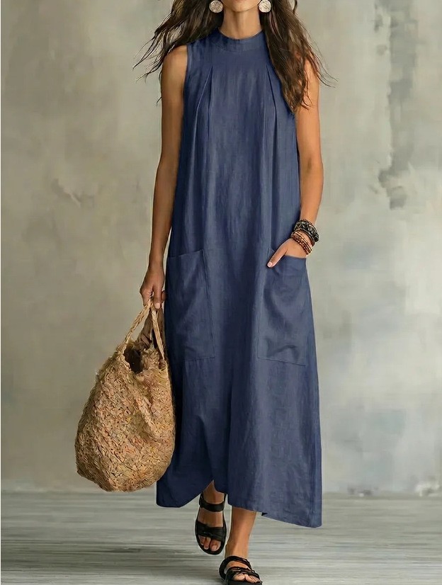 Elegant Sleeveless Round Neck Dress Solid Color Pocket Design Lightweight Fabric Spring Summer Fashion Wholesale
