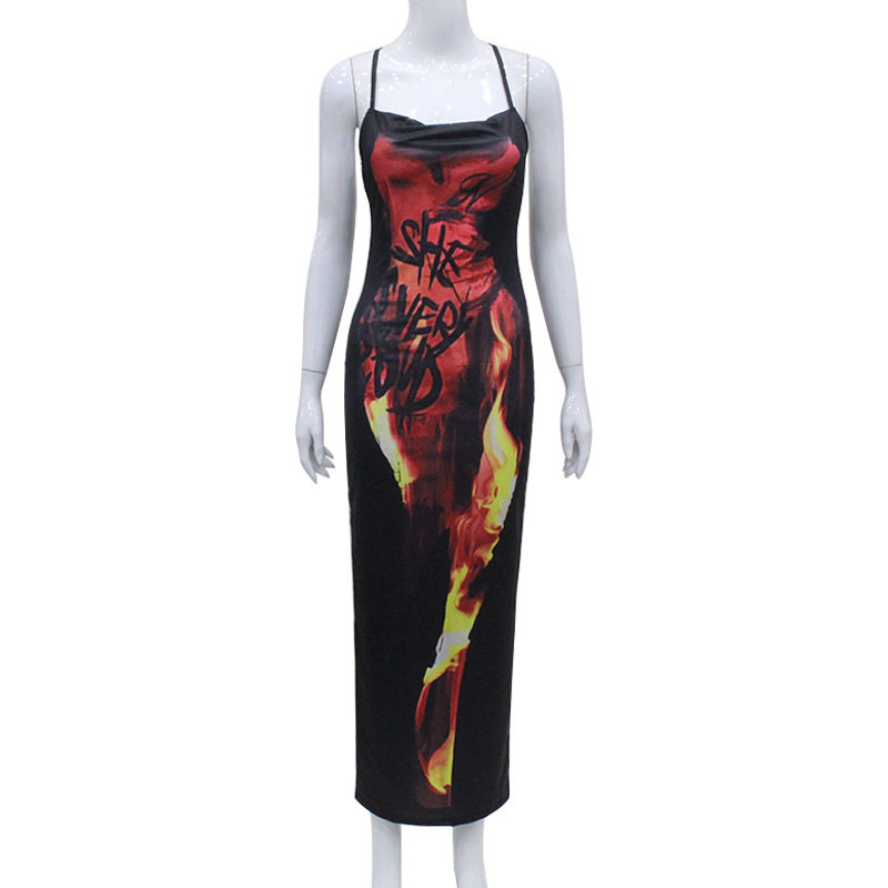 Flame Print Sexy Slip Dress Backless High Slit Sleeveless Summer Party Wear Wholesale Available