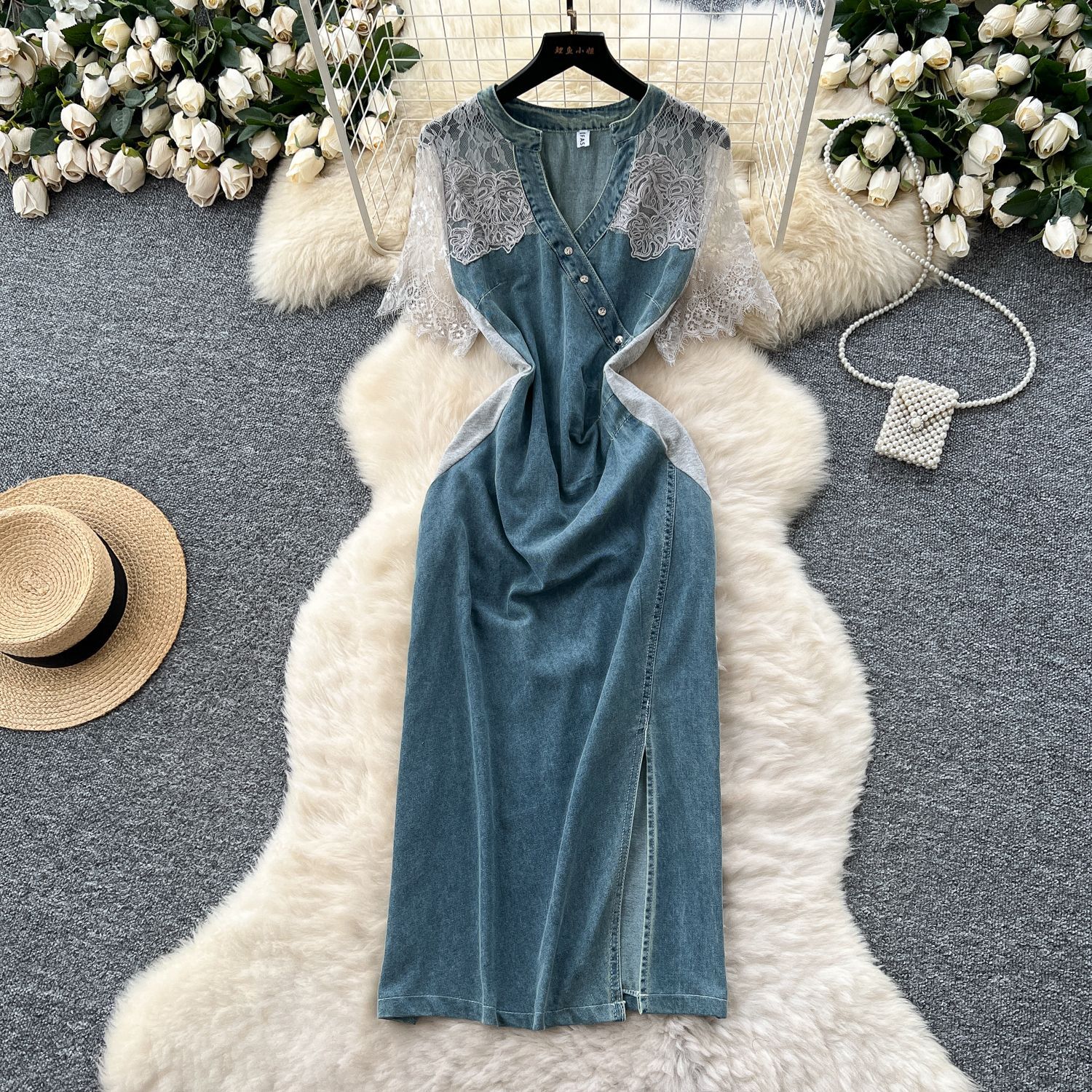 V Neck Lace Panel Short Sleeve Denim Dress for Women Slim Fit Summer Style Available in Blue Wholesale Sizes M to XXL