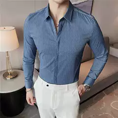 Live broadcast supply men's long-sleeved shirt high-grade business shirt textured striped hidden buckle slim-fit long-sleeved shirt