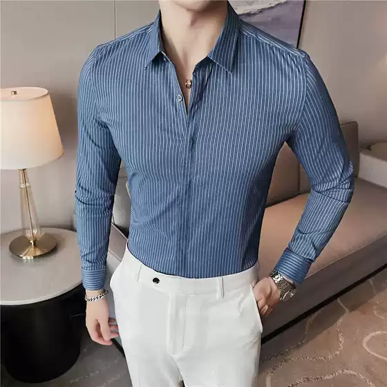 Live broadcast supply men's long-sleeved shirt high-grade business shirt textured striped hidden buckle slim-fit long-sleeved shirt