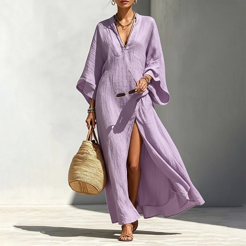 Casual Batwing Sleeve Maxi Dress Loose Fit Side Slit Lightweight Fabric Summer Vacation Wear Wholesale Available