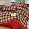 Autumn and Winter Thickened Milk Bed Cover Four-Piece Set with Vintage Lace, Quilted Non-Slip Bedspread, Double-Sided All-Season Coral Fleece