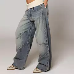 American Retro Street Vintage Washed Distressed Blue Jeans Unisex Straight Loose Fit Design Casual Denim Pants