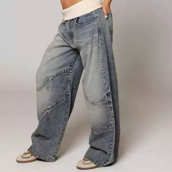 American Retro Street Vintage Washed Distressed Blue Jeans Unisex Straight Loose Fit Design Casual Denim Pants