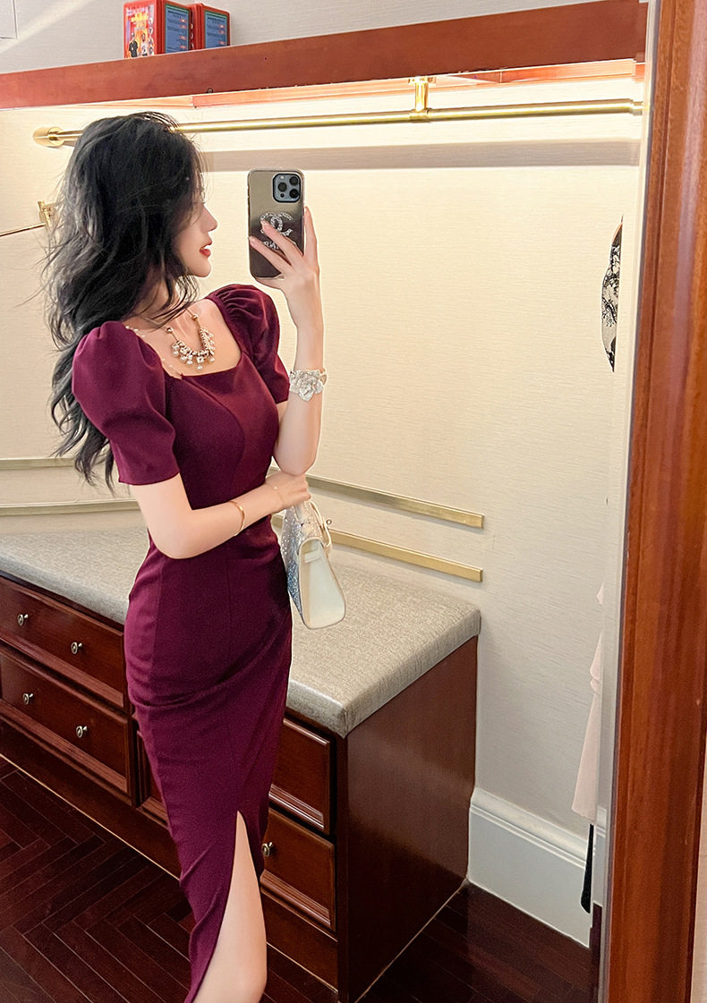 Đầm ôm body nữ cổ vuông tay bồng, dáng midi cao eo — [Đen], [Tím] chi tiết 7