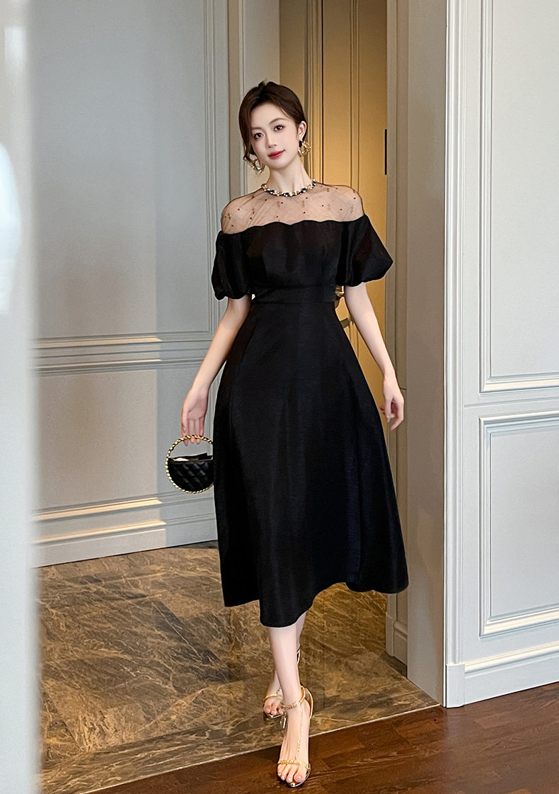 Đầm maxi nữ thắt eo dáng xòe cổ tròn tay bồng — [Đen] chi tiết 11