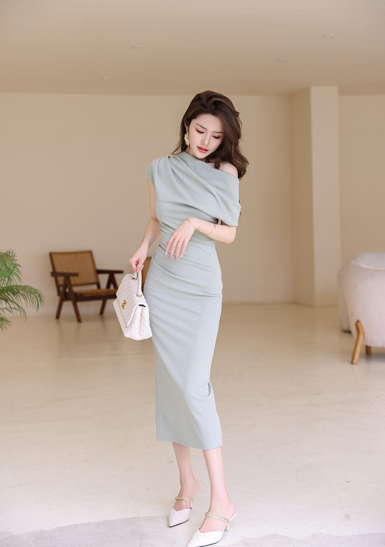 Đầm ôm body nữ dáng dài tay ngắn, cổ chéo, thiết kế eo ôm, phong cách Pháp — [Đen], [Xanh bạc hà], [Màu mơ], [Đỏ rượu vang] chi tiết 29
