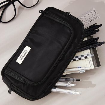 Front Window Pencil Case Giant Dirt-Resistant Large Capacity Boys Black Simple Japanese Style Stationery Box Boys Multi-Layer Stationery Bag