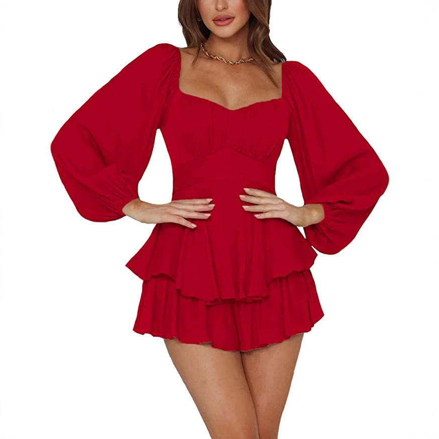 Womens Ruffled Jumpsuit Lantern Long Sleeves Square Neck Waist Cinching Chic Style Summer Casual Wear Wholesale