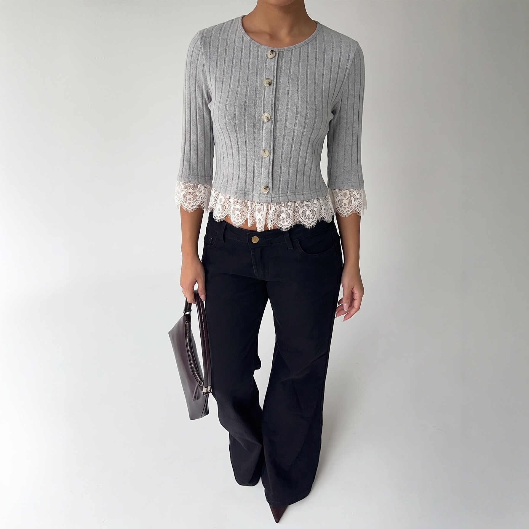 Gray Knit Top for Women Lace Panel Slim Fit Versatile Style Perfect for Casual Wear or Layering Wholesale Available