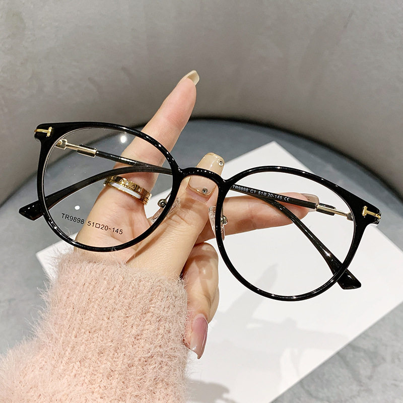 9898 Fashion Simple Cold Tea Chattering Live Anti-Blue Light Glasses Frame Men's and Women's Round Frame Flat Mirror Short-Sight Frame