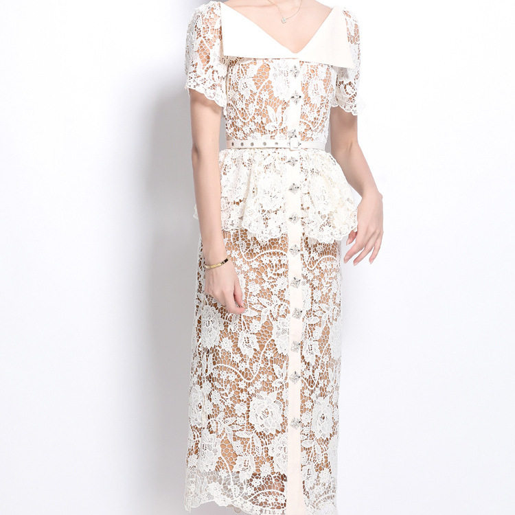 Vintage Style Summer Dress for Women Short Sleeve Doll Collar Beaded Slim Fit Lace Embroidery Elegant Evening