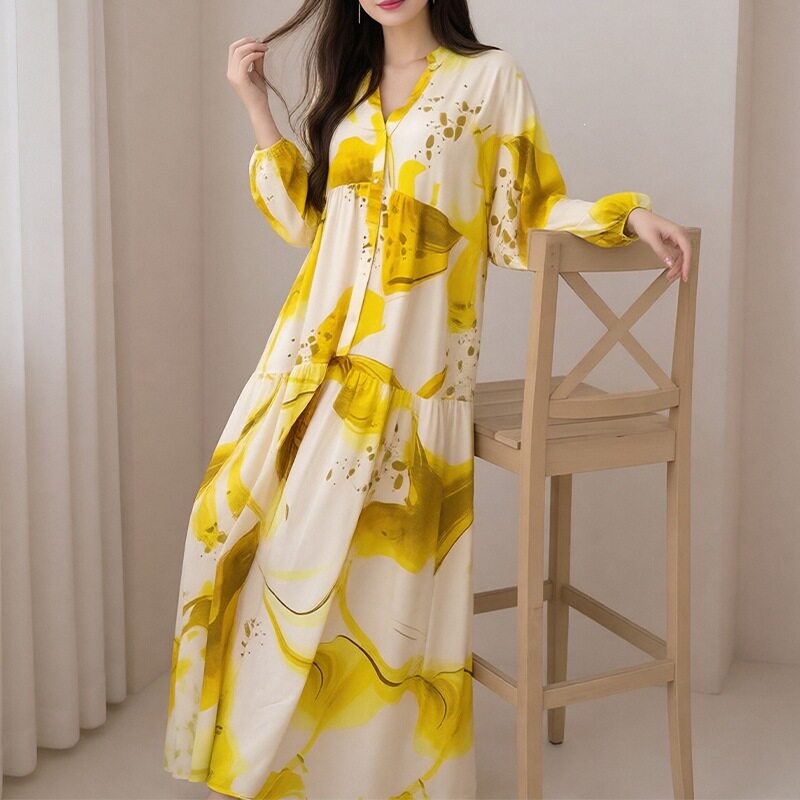 Womens Spring Dress Elegant Color Block Print Single Breasted Design Perfect for Casual or Formal Occasions